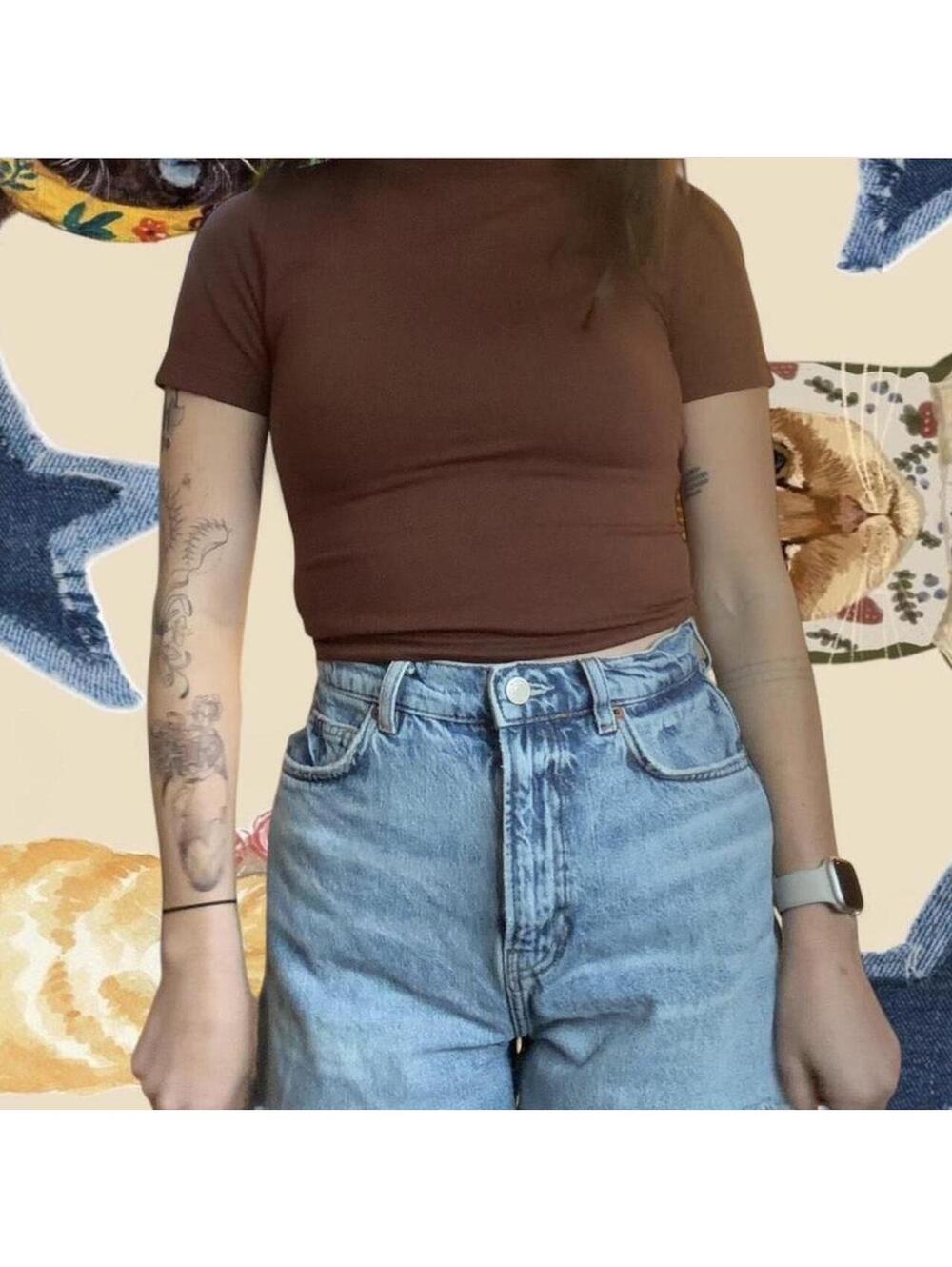 A New Day Women's Brown and Blue Crop-top